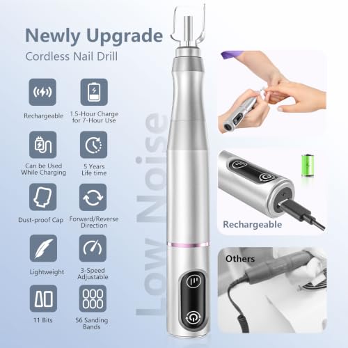 TUOBEO Cordless Nail Drill Electric Nail File Kit, Rechargeable Efile Set - color: Silver