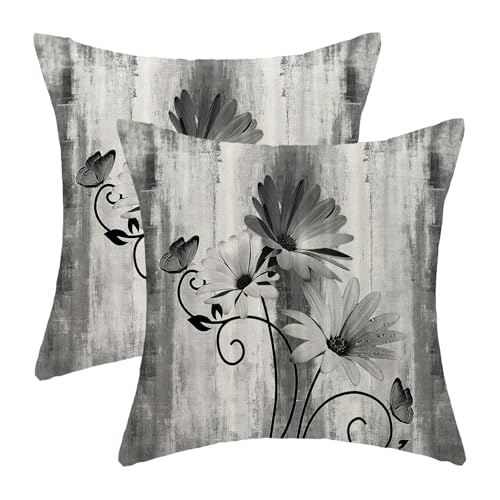 Spring Pillow Covers 18x18 Pack of 2 Black Daisy Floral Throw Pillow Covers Outdoor Decoration Vintage Summer Flower Decor Pillowcase Farmhouse Decorative Linen Cushion Case for Home Sofa Couch - color: Black Daisy, size: 18" x 18" (Pack of 2)