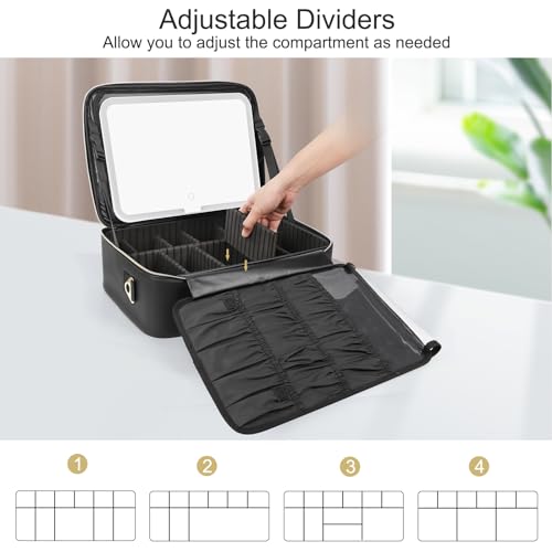 Relavel Makeup Case Large Makeup Bag with LED Mirror, Professional Train Case 16.2 inch, Travel Cosmetic Organizer Brush Holder Waterproof Makeup Artist Storage Box with Adjustable Strap - color: Black with LED Mirror, size: Large