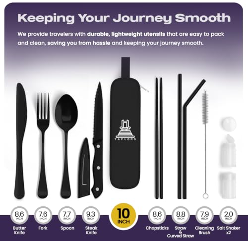 Travel Utensils With Case, 10 Pcs portable silverware set (Black) - color: Black, size: 10 Pieces