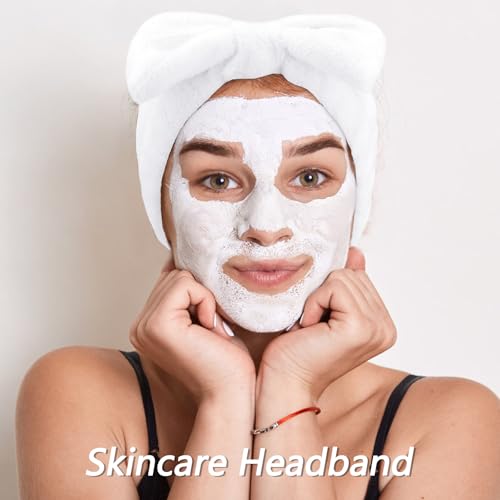 VELSCRUN Spa Headbands for Wash Face, Makeup Headband, Facial Skincare Headbands, 5 Pcs White Puffy Sponge Spa Headband Bow Tie Hair Band Hair Clips Wristband Set Women Girls Accessories - color: White