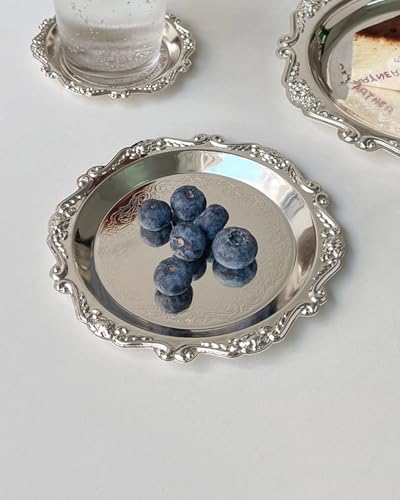 Silver Decorative Tray Set of 2, 8'' Round Vintage Metal Vanity Tray for Perfume, Small Ornate Jewelry Dish, Bathroom Counter Organizer, Coffee Table Decor - color: Silver, size: 8''