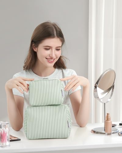 Narwey Small Makeup Bag for Purse, Travel Mini Cosmetic Bag for Women Girls - color: A-Mint Green Stripe, style: Small