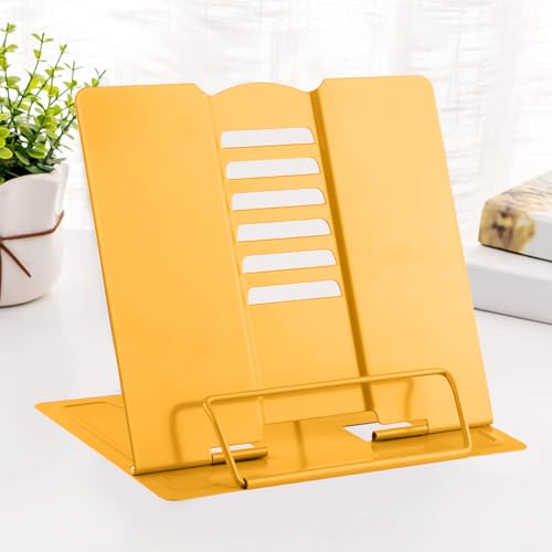 MSDADA Desk Book Stand Metal Reading Rest Book Holder Adjustable Cookbook Documents Holder Portable Sturdy Bookstands for Recipes Textbooks Tablet Music Books (Yellow) - color: Yellow