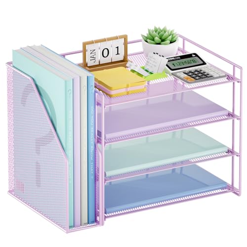 Marbrasse 4-Tier Paper Tray Organizer with File Holder, Purple - color: Purple