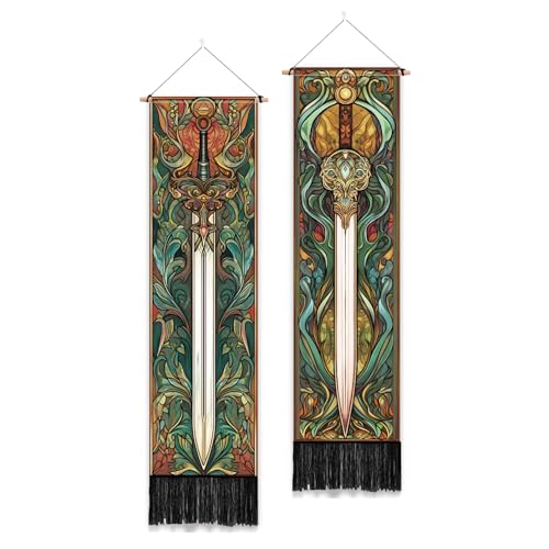 PLIGREAT 2 Pack Fantasy Weapons Vertical Tapestry Swords Aesthetic Wall Hanging for Bedroom Bathroom Living Room Vintage Long Narrow Wall Hanging Dorm Room Home Art Decor - color: green,brown