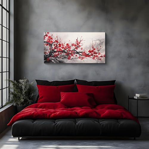 NAN Wind Asian Wall Art Traditional Chinese Decor Oriental Red Cherry Plum Blossom Canvas Pictures for Wall Decor for Living Room Landscape Artwork Framed Ready to Hang - color: Red-One Piece-1, size: 32"L x 16"W