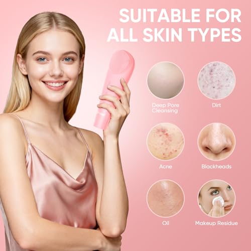 Silicone Face Scrubber Blackhead Scraper Rechargeable 2-in-1 Facial Cleansing Brush & Skin Spatula Duo, IPX7 Waterproof Exfoliating Massager Deep Cleansing for Women and Men(Peachy Pink) - color: Peachy Pink