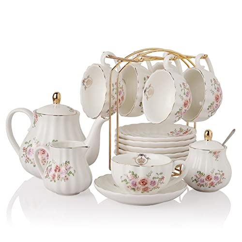 Porcelain Tea Sets British Royal Series, 8 OZ Cups & Saucer Service for 6, with Teapot Sugar Bowl Cream Pitcher Teaspoons and Tea Strainer, Suitable for High Tea, Wedding, Party（Rose Flower） - color: Rose Flower