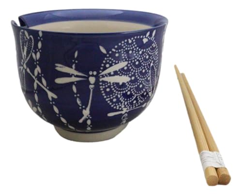 Ebros Gift Artistic Donburi Ramen Udon Noodles Soup Salad 5" D 18Oz Bowl With Bamboo Chopsticks And Built In Rest Set Asian Dining Kitchen Accent (Blue Tombo Dragonfly) - color: Blue Tombo Dragonfly