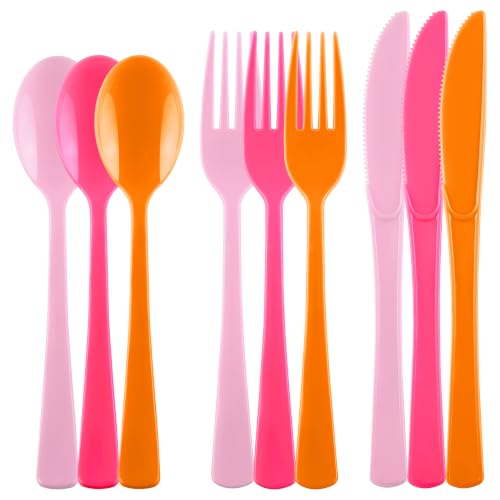 Kochorie 300 Pcs Pink and Orange Plastic Silverware, Heavy Duty Cutlery Set - color: Pink and Orange