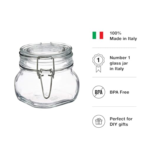 Bormioli Rocco Fido 17.5 Ounce Glass Storage Jars: Airtight Hinged Lid With Leak Proof Gasket, Wide Mouth Food Container - For Zero Waste Air Tight Preserving Jam, Spices, Coffee, Sugar & Herbs - color: Clear, size: 17 Ounce