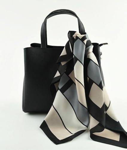 corciova Women’s Square Scarf 27.5 in (70 x 70 cm), Satin-Feel Polyester, Lightweight Fashion Scarf for Hair, Neck and Bag - color: Geometric (Black / Beige / Gray)