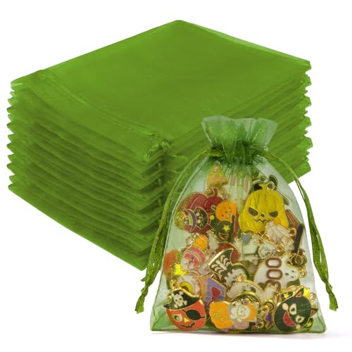 Crweety 50 Pcs Organza Bags 3x4, Green Small Mesh Gift Bags Drawstring Bulk - color: Green