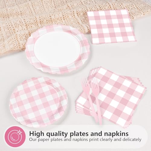 96Pcs Pink Gingham Party Decorations, Serve 24 - style: Light Pink Gingham