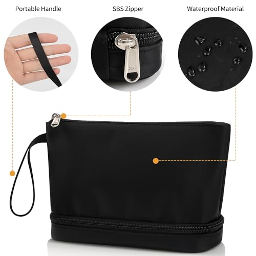 Small Makeup Bag 2 Layers Travel Cosmetic Bag with Makeup Brush Compartment - color: 02-nylon black
