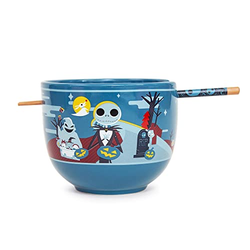 Disney The Nightmare Before Christmas Jack Skellington and Friends Japanese Ceramic Dinnerware Set | Includes 20-Ounce Ramen Noodle Bowl and Wooden Chopsticks - color: Jack Skellington and Friends