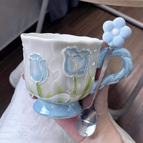 Ceramic Coffee Mug 14oz/410ml Blue Cute Flower with Spoon - color: Pearlescent Blue, size: Large