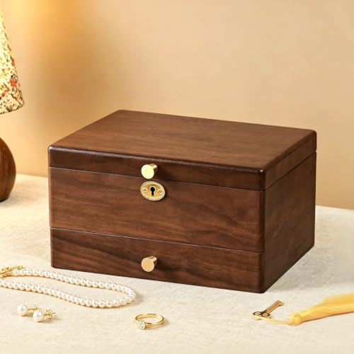 Black Walnut Jewelry Box for Women, 3 Layer Top Lock Wooden Organizer Case - color: 3 Layer Top Lock