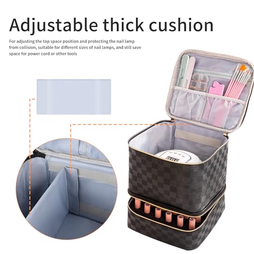 Portable Nail Polish Organizer Bag with UV Light Case - Holds 30 Bottles and 1 UV Nail Lamp, Double-Layers Nail Dryer Case for Gel Nail Polish Kit, Nail Art Decorations（Checkered Black） - color: Black-Lattice
