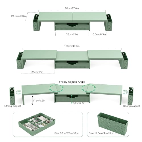 Spacrea Dual Monitor Stand Riser with Drawer and 2 Pen Holders - color: Sage Green