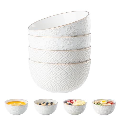 Dafuceramic 26 oz Ceramic Soup Bowls, Cereal Bowls Set of 4 – Oven & Microwave Safe French Onion Soup Bowls, Unique Embossed Patterns, Dishwasher Safe for Soups, Stews & Desserts