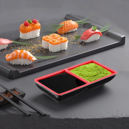 14 Pcs Dual Compartment Sauce Bowls & Soy Dish Set with Dipping Dish Tray, Divided Dipping Sauce-Plates for Sushi, Appetizers (Black/Red, Melamine Resin)