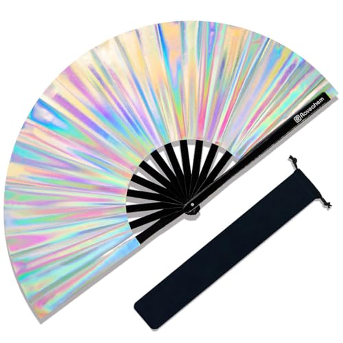 Large Rave Fan, Clack Folding Hand Fan with Premium Fabric, Thick Bamboo Frame for Men Women Gift for EDM, Festival, Club, Party, Dance, Decoration (Holographic Silver, 13") - color: Holographic Silver, size: 13"