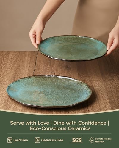 Pokini Stoneware Serving Platters, Oval 13.18/11.92 inch Serving Dishes for Entertaining, Ceramic Serving Trays for Party, Fruit, Turkey, Cheese, Trays for Serving Food, Microwave Safe, Brown Green