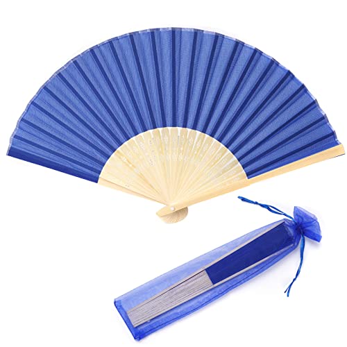 24pcs Imitated Silk Hand Fan Imitated Silk Fabric Bamboo Handheld Folded Fan Bridal Dancing Props Church Wedding Party Favors with Organza Bags (Royal Blue) - color: Royal Blue