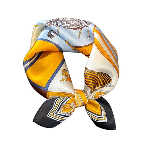 JERLA 100% Mulberry Silk Neck Scarf 21"x21" Small Square Scarfs for Women Gift Packed - color: Horse Blue and Yellow