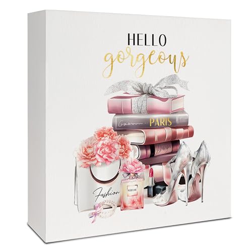 Coquette Pink and Black Room Decor, Hello Gorgeous Wooden Box Sign, Pink Girly Wood Signs for Home Dorm Apartment Desk Table Shelf Decor, 5x5 Inch - color: B-Hello Gorgeous