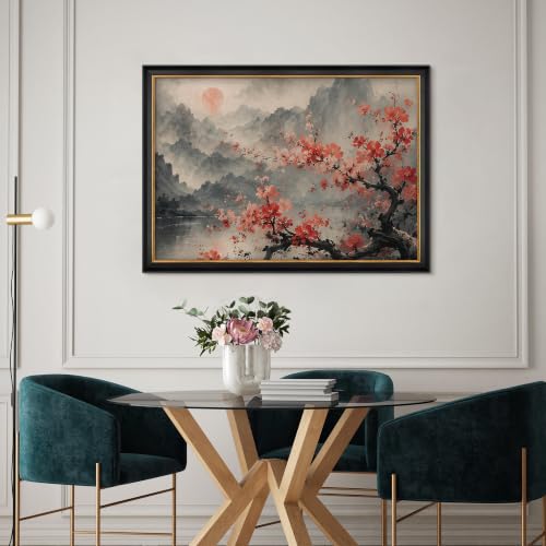 MUDECOR Premium Framed Wall Art Red Plum Blossom Chinese Ink Mountain Illustrations Impressionism Colorful for Living Room, Bedroom, Office - 26"x36" Black - color: B11-2606-EDW06, size: 36"L x 26"W, style: Black Frame