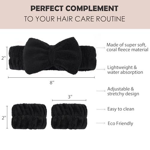 Ayesha Spa Headband and Wristband Set for Washing Face Skincare Makeup - color: Black set