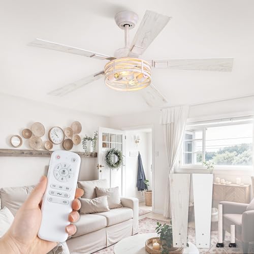 Fanbulous Farmhouse Ceiling Fans with Light & Remote, 48" Caged, 6-Speed - color: White and Gold, size: 48 Inch