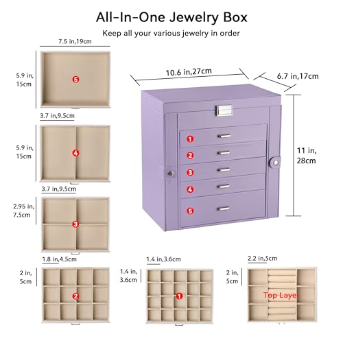 Frebeauty 6-Layer Jewelry Box for Women,Large Jewelry Organizer with Drawer - color: Purple, size: Large