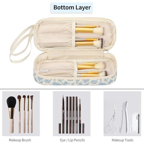 Small Makeup Bag 2 Layers Travel Cosmetic Bag with Makeup Brush Compartment - color: 02-blue flower