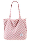 KALIDI Women Corduroy Tote Bag Zipper Casual Tote's Handbag Big Capacity Shoulder Bag with Pockets - color: Checkerboard Pink
