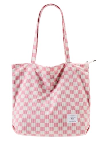 KALIDI Women Corduroy Tote Bag Zipper Casual Tote's Handbag Big Capacity Shoulder Bag with Pockets - color: Checkerboard Pink