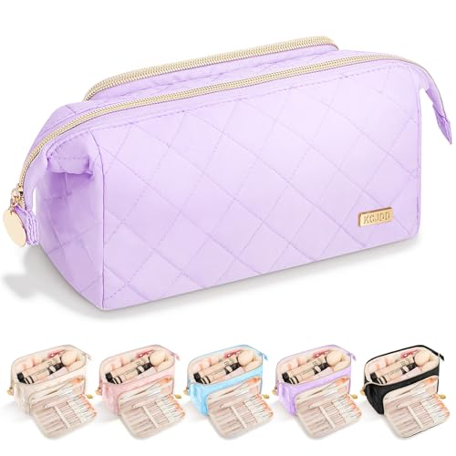 Easter Basket Gifts Soft Quilted Makeup Bag, Wide Opening Cosmetic Pouch Travel Toiletries Accessories Bag Trendy Makeup Purse for Women Teen Girls Holiday Gifts Birthday Gifts (Purple) - color: Purple