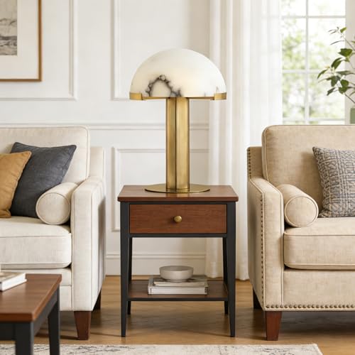 Postmodern Faux Marble Table Lamp, Golden Copper Metal Decorative Lamp Body and a Mushroom Dome Shaped Lamp Shade, for Bedside Reading Lamp in Living Room Bedroom Study Room Office