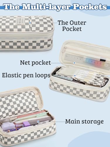 Bigmeta Gingham Expandable Pencil Case for Teens Girls - Light Gray - color: Light Gray