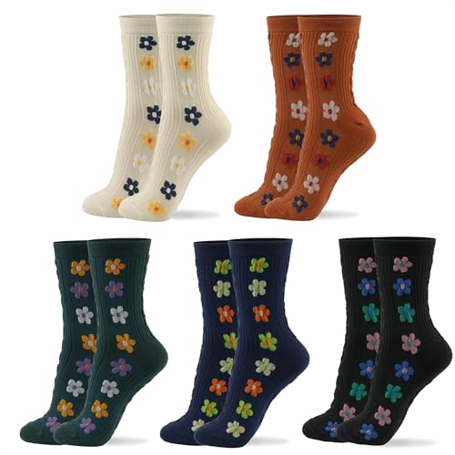Womens Cotton Crew & Ankle Socks, Cute Floral Ruffle Colorful Tube Size 6-9 - color: Flower Print C