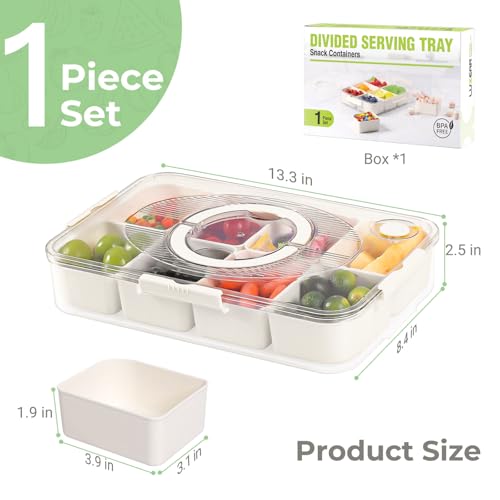 LUXEAR Divided Serving Tray with Lid and Handle Snack Box Charcuterie Container Dishwasher Safe 8 Compartment Snack Platters Portable Clear Organizer for Fruits, Candy, Snacks, Picnic, Travel - size: 1pack white