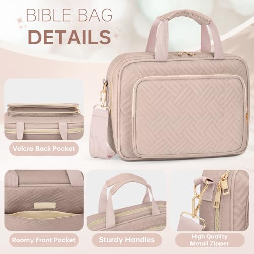 Bible Cover Case for Women Bible Study Supplies Christian Gifts for Women Church Camp Essentials Christian Bible Journaling Kit Quilted Large Bible Cover with Durable Handle (Pink, Large) - color: Pink