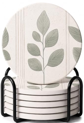 VEYRO Ceramic Coasters Set of 6 or 4 – Absorbent Stone Drink Coasters with Holder, Non-Slip Cork Backing, Modern Marble Look Coasters for Coffee Table, Desk & Home Decor (Leaves 4, Set of 6) - color: Leaves 4, size: Set of 6