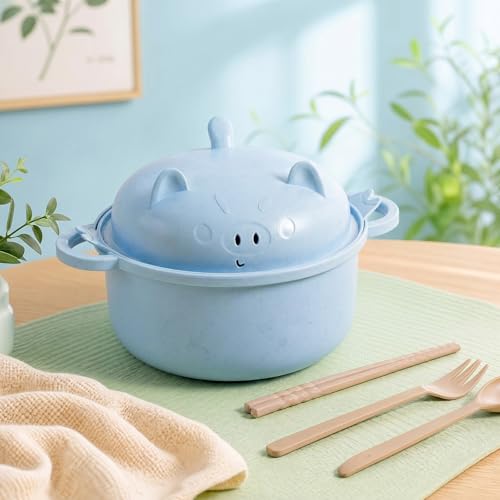 1 Set Large 45oz Cute Pig Ramen Bowl Set Microwavable, Nordic Blue - color: Nordic Blue