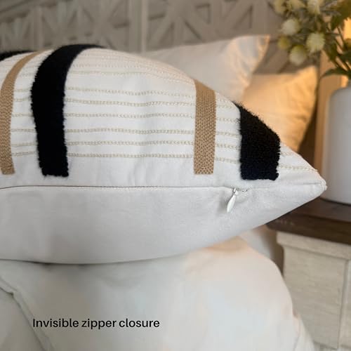 AYAY Decorative Velvet Throw Pillow Cover 18x18 Inch – Off White with Black & Beige Embroidered Modern Stripe Design, Minimalist Neutral Accent Cushion, Hidden Zipper, Cover Only - color: Modern Black and Beige