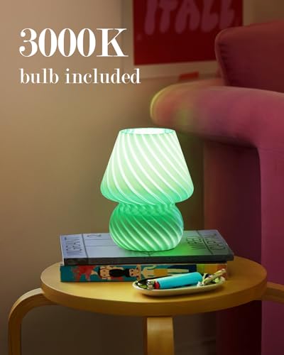 ONEWISH Mushroom Lamp - Small Table Lamp with Striped Glass, Nightstand Lamp for Bedroom, Living Room, Cafe, Office, Bulb Included, for Girls Women Birthday Christmas Thanksgiving, Sage Green - color: Green