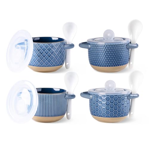 GBhome 22 Ounces Soup Bowls with Large Handles and Lids, Stoneware Bowls Set of 4 with Spoon for Soup, Cereal, Stew, Colourful Ceramic Kitchen Bowls, Microwave&Dishwasher Safe, Moonlight Blue - color: Moonlight Blue